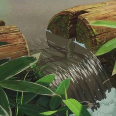 an artistic painting of water flowing over wooden logs in the jungle with green leaves surrounding it