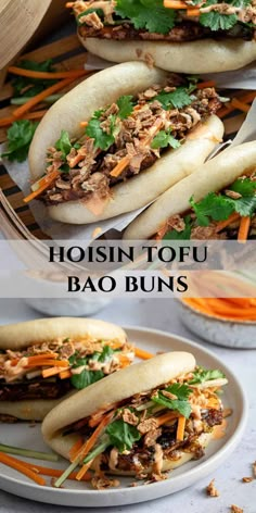 the buns are filled with different types of food and garnished with cilantro