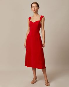 Cami Dresses, Tailored Clothes, Short Sleeve Midi Dress, Fall Wedding Guest Dress, Grad Dresses, Midi Short Sleeve Dress, Red Midi Dress, Sleeve Midi Dress, Capped Sleeve Dress