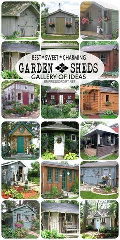 the garden sheds logo is shown in many different colors and sizes, including green doors