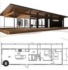 the floor plan and elevation view of a small cabin with open living areas on each side