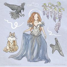 a drawing of a woman in a blue dress surrounded by cats and birds