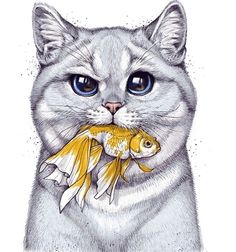 a drawing of a cat with a goldfish in its mouth and the caption says,