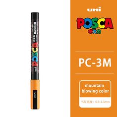 an orange colored pen with the words posca on it and a black eraser next to it