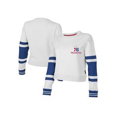 The Women's Stadium Essentials White Philadelphia 76ers Scrimmage Cropped Pullover Sweatshirt is the perfect way to show your support for the Philadelphia 76ers. This midweight sweatshirt is made of a comfortable cotton and polyester blend, featuring screen-printed graphics and heat-sealed sleeve stripes that proudly display your team pride. The cropped hem gives this sweatshirt a stylish and modern look, making it perfect for game day or any day.The Women's Stadium Essentials White Philadelphia Cotton Top With Ribbed Cuffs For Team Spirit, White Tops With Ribbed Cuffs For Sports Season, White Tops With Team Spirit For Winter, Cropped Pullover, Easter Shopping, Philadelphia 76ers, Quilted Coverlet, Luxe Gifts, White Sweatshirt