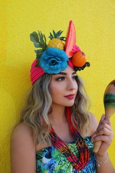 Faux fruits and flowers on stretchy turban.Perfect for any festive event, parties, and costumes.Tons of more colorful headpieces in stock at:https://www.etsy.com/shop/LoveCarolineO?section_id=15016693 Fruit Headpiece, Carmen Miranda Costume, Fruits And Flowers, Havana Nights, Flower Crown Headband, Carmen Miranda, Star Headband, Turban Headwrap, Boho Headband