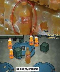 an image of some orange soda bottles in the process of being filled with them and labeled it's not me i swear