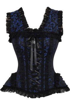 Overbust corset made of high quality brocade and lace fabrics 10 Spiral Steel boned with 2 Flat steel bones Delicate lace detailing Ribbon tie closure at back for cinching Privacy Panel Lined Hand Wash Blue Clothes Aesthetic, Navy Corset, Goth Formal, Goth Corset, Blue Corset, Striped Shoes, Steel Boned Corsets, Lace Fabrics, Elegant Moments