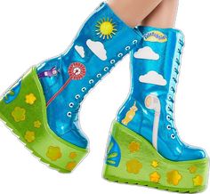 Blue High-top Platform Boots, Spring Boots With Round Toe And Fun Style, Spring Fun Boots With Round Toe, Fun Spring Boots With Round Toe, Blue Platform Boots For Spring, Blue Platform Boots, Disco Fits, Holographic Flowers, Wedge Platform Boots