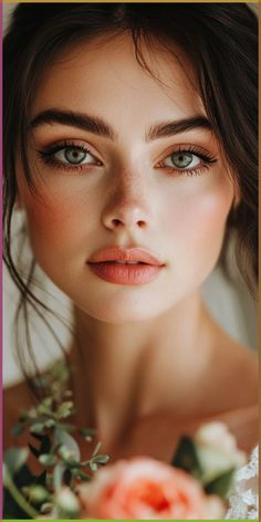 a beautiful woman with blue eyes and flowers in her hair is looking at the camera