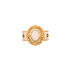 Moonstone & Emerald Gold Vermeil Over 925 Sterling Silver Enameled Ring 925 Silver = 5.90 gm. Moonstone & Emerald  = 1.10 ct. The beautiful ring measures to be a size US 7 & can be re-sized as per requirement. If for any reason you are not completely satisfied, you may return, exchange, replace, or credit your purchase within 15 days from delivery. Wholesale Enquiries? Contact us & we will get in touch with you! Oval Enamel Rings With Gemstone, Oval Cabochon Enamel Rings, Oval Enamel Cabochon Rings, White Enamel Ring With Gemstone For Anniversary, Oval Enamel Ring With Cabochon For Anniversary, White Enamel Gemstone Ring, Enamel Ring, Silver Art, Beautiful Ring