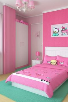 a pink bedroom with hello kitty bedding and chandelier in the corner,