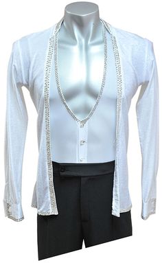 a male mannequin wearing a white shirt and black pants with beads on it