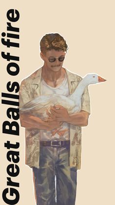 a man holding a white duck in his arms with the words great battles written on it