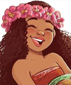 a drawing of a woman with flowers in her hair and a hula skirt on