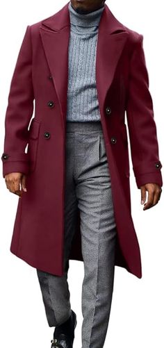 Stay warm and stylish this winter with our Winter Wool Men's Warm Long Sleeve Trench Coat. Crafted from 100% wool and featuring a slim-fitting silhouette, this coat is perfect for staying comfortable when the temperature drops. It’s designed with a mid-length lapel and two side pockets, both of which are lined with soft fabric for extra insulation. Enjoy all-day warmth and comfort with this stylish trench coat. 85% Polyester, 12% Rayon, 3% Spandex Hand Wash Only Imported About this item Excellen Maroon Trench Coat Outfit Men, Red Trench Coat Outfit, Mens Overcoat, Men's Trench Coat, Trench Coat Outfit, Red Trench Coat, Winter Knit Hats, Men Stylish Dress, Trench Coat Men