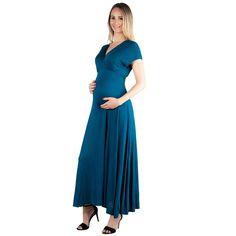 A formal look has never been so comfortable. With its regal full-length skirt this womens maternity maxi dress makes for an elegant formal or casual look. Featuring a v-neck line and v cut on the back, cap sleeves, flared a line skirt, defined empire waist, and is made from a soft and comfortable stretch material in four beautiful year round colors and it is machine washable for easy care. The perfect dress to keep in your closet for any special occasions or just an eye catching date night look. Solid Color V-neck Maternity Dress, Fitted V-neck Maxi Dress For Maternity Wear, Elegant Blue V-neck Maternity Dress, Blue Short Sleeve Maternity Dress, Nursing Friendly, Ruffle Long Dress, Fitted Blue Nursing-friendly Maternity Dress, Maternity Maxi Dress, Maternity Midi Dress, A Line Maxi Dress