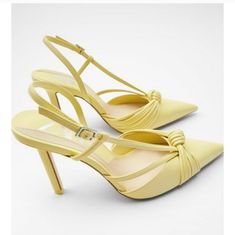 Yellow Slingback Heels, Ront Knot Detail With Thin Straps. Lined Stiletto High Heel. Pointed Toe. Ankle Buckle Closure New With Tag Size: 42uk, 11 Us Running Small Fits Like 41uk , 10us Yellow High Heels, Hak Tinggi, Yellow Heels, Slingback Heels, Yellow Shoes