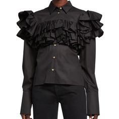 Khaite Virginie Ruffle-Tiered Yoke Shirt Black Cotton Virginie Ruffled Shirt From Khaite Featuring A Pointed Collar, A Front Button Fastening, A Ruffle Trimming, Long Sleeves And Fitted Cuffs. Size: Xs Color: Black Condition: Nwot, Excellent Condition Luxury Ruffles Blouse For Work, Luxury Ruffled Blouse For Work, Designer Long Sleeve Blouse With Ruffles, Luxury Long Sleeve Top With Ruffles, Designer Long Sleeve Top With Ruffles, Designer Evening Tops With Ruffles, Designer Ruffled Tops For Evening, Designer Ruffle Tops For Evening, Luxury Black Shirt For Spring