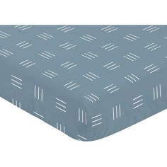 an image of a baby crib sheet that is blue and white with lines on it