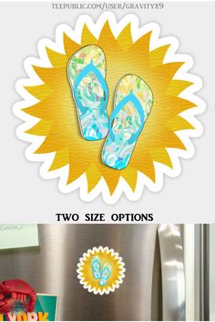 two size options for flip flops on the bottom and top of a refrigerator door