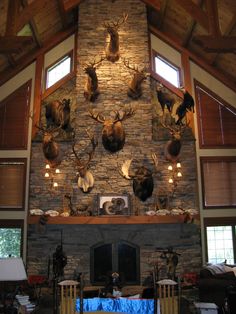 a living room filled with lots of deer heads mounted to the side of a wall