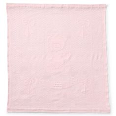 a pink baby blanket with a teddy bear on the front and two bows around it