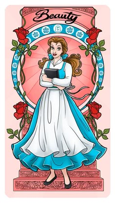 a drawing of a woman in a white dress holding a book with roses around her