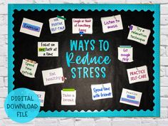 **This is a digital download.  You will not receive any physical materials.  Upon downloading you will receive a link to Google Drive to print your bulletin board** This stress bulletin board is great for a social worker or counselor's office, any classroom, or hallway. It includes 16 tips for reducing stress and comes in 3 different sizes - working wherever you need it to! Easy to reference or refer students to when needed. Use pieces provided or print blank pieces for students to write their o Office Bulletin Board Ideas, School Counseling Office Decor, Counselor Bulletin Boards, Counseling Decor, Office Bulletin Board, School Counseling Bulletin Boards, Counseling Bulletin Boards, Health Bulletin Boards, Office Bulletin Boards