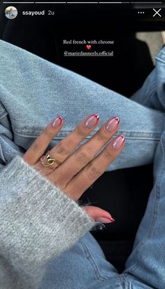 Nail Inspo That Goes With Everything, Very Short Chrome Nails, Almond Nails Glitter Tip, Red French With Chrome, Red Nails With Chrome Powder, Pearl Nails With Design, Red French Chrome Nails, Nails 2024 Square, Chrome Tipped Nails