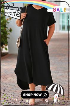 Black Plus Size V Neck Rolled Cuffs Maxi Dress Casual Black High-low Hem Maxi Dress, Casual Black Maxi Dress With High-low Hem, Black Asymmetrical Hem Dress, Spring Black Maxi Dress With High-low Hem, Black Dress With Asymmetrical Hem, Casual Dresses With Cuffed Sleeves, Casual Black Midi Dress With Asymmetrical Hem, Black Midi Dress With Asymmetrical Hem, Casual Style, Casual Black Plain Maxi Dress