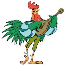 a cartoon chicken with a guitar in his hand