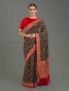 Black Shikargah Khaddi Georgette Handloom Banarasi Saree