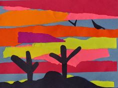 an art project with torn paper and cactus silhouettes