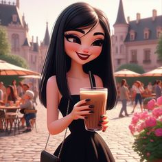 a cartoon character holding a drink in front of a building