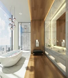 a bathroom with a large bathtub next to a window and a view of the city