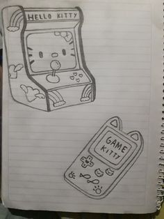 an open notebook with a drawing of a hello kitty game kit and a cell phone