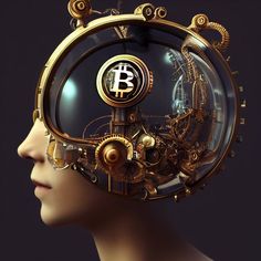 a woman's head with a clock and bitcoin inside it