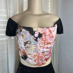 New With Tags - Floral Corset Crop Top Size: M ( 8 ) Color: Black/ Pink/ Multi Print: Floral Fitted Floral Print Crop Top For Night Out, Fitted Floral Print Crop Top For Party, Fitted Black Floral Print Crop Top, Black Floral Print Crop Top For Party, Magenta Top, Floral Corset Top, Women Shirt Top, Floral Corset, Running Tank Tops