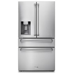 a stainless steel refrigerator freezer with water dispenser and ice maker on the door