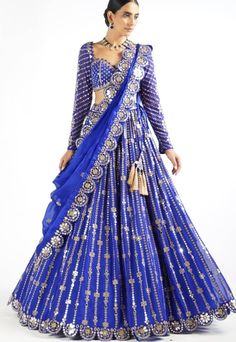 Beautiful sequin work georgette lehenga in royal blue Choose a standard size or you can share custom measurements.  I'll share the measurements sheet with you.  Please contact us for other colors or any customizations. Royal Blue Lehenga, Vani Vats, Sheer Dupatta, Baju Kahwin, Mirror Work Blouse, Floral Mirror, Georgette Dupatta, Blue Lehenga, Bollywood Outfits