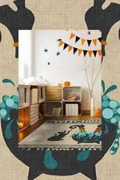 an image of a room decorated for halloween with decorations on the wall and rugs