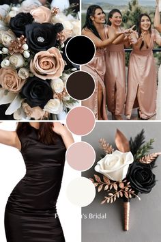 the bridesmaids are all dressed in black and pink