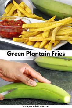 green plantain fries with ketchup on top and in the background, there is a hand reaching for them