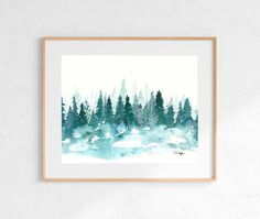 a watercolor painting with trees in the background and white wall above it, hanging on a