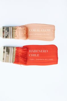 two paint brushes with labels on them sitting side by side in front of a white background