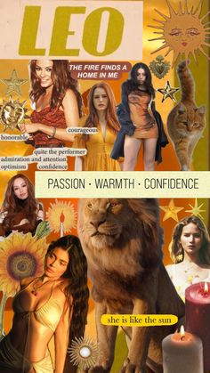 an image of a poster with the words leo and other zodiac symbols on it, including a lion