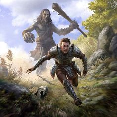 two men in armor are running through the woods