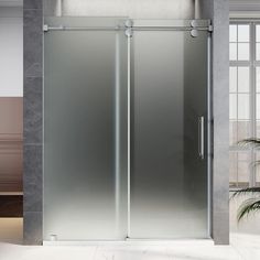 an image of a glass shower door in the middle of a room with potted plants