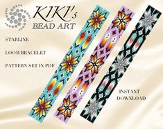 two bracelets with different designs on them and the words kiki's bead art